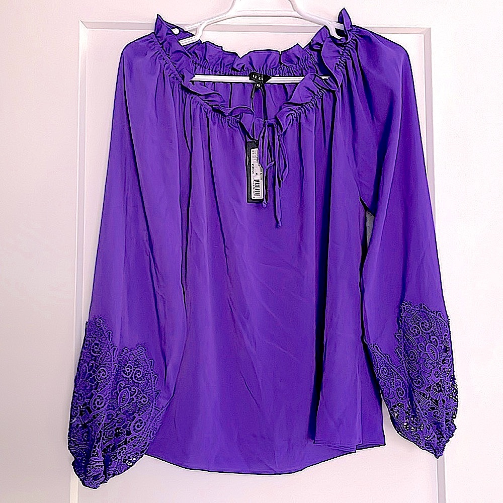 NWT LE GALI purple long sleeve blouse ruffle neck lace cuffs XS oversized